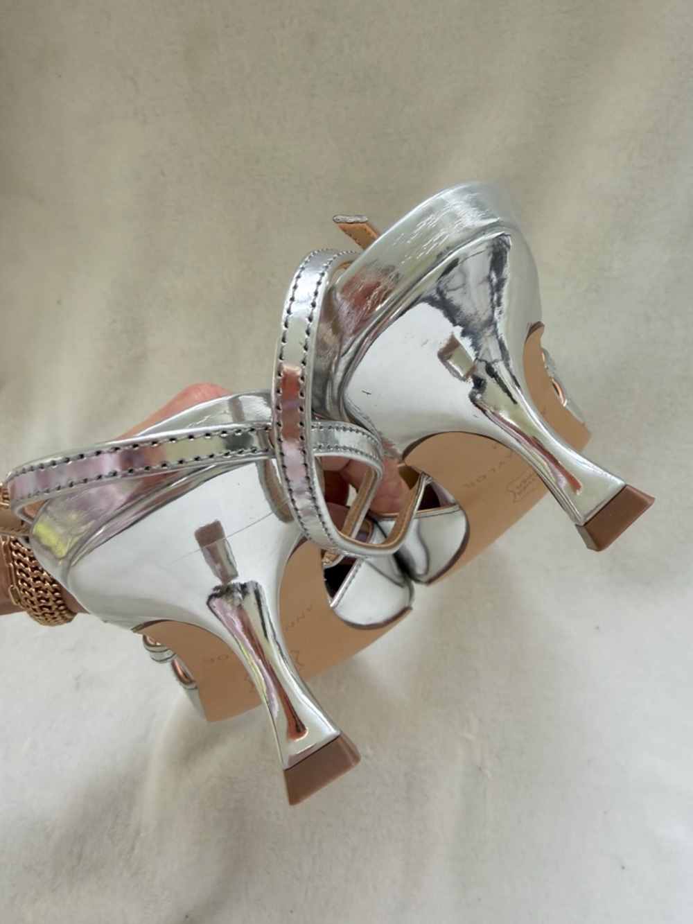 Ann Taylor Strappy Pointy Toe Leather Silver Metallic Kitten Heel Pump Sz 10 NEW - Picture 6 of 11